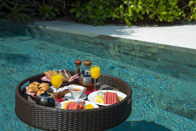 A floating breakfast served in the private pool of the beachside lodgint at Niyama Private Islands. Pic: Contributed/Matheen Faiz