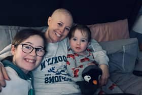 Cancer survivor Samantha Currie, 42, from Menstrie in Stirlingshire, with her children Emma and Tom