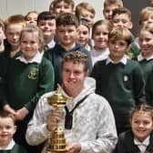 Bob MacIntyre proudly shows off the Ryder Cup to pupils of St Columba's Primary School in his hometown of Oban. Picture: Bounce Sport Management