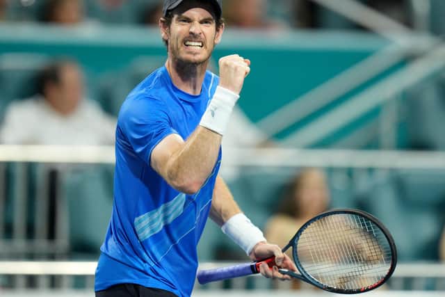 Andy Murray celebrates victory over Federico Delbonis in the first round of the Miami Open.(Photo by Mark Brown/Getty Images)