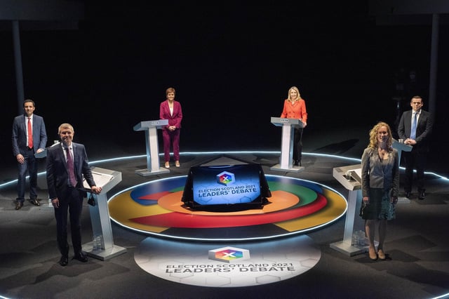 Following on from the first leaders' debate aired on the BBC at the end of March, Nicola Sturgeon (SNP), Anas Sarwar (Scottish Labour), Douglas Ross (Scottish Conservatives), Willie Rennie (Scottish Lib Dems) and Patrick Harvie (Scottish Greens) will take to the podiums for the second debate aired on STV on April 13 (BBC Scotland/Kirsty Anderson).