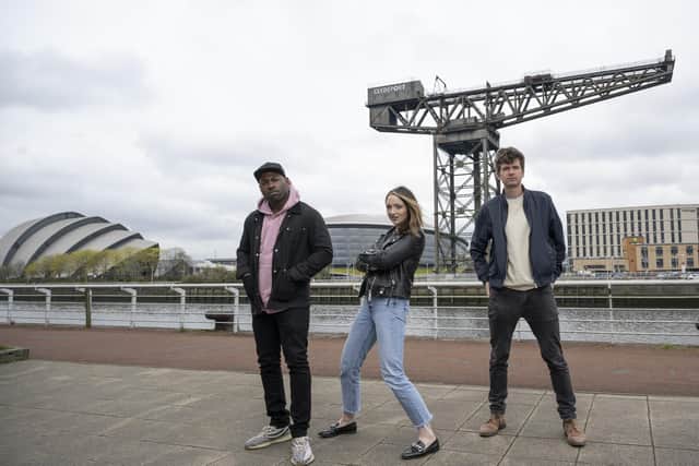 Fern Brady with Ivo Graham and Darren Harriott in Glasgow to turn the stereotypes on their head, one of the stops in their UK road trip for British as Folk on Dave channel.