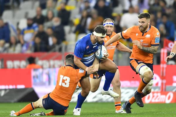 Edinburgh's Mark Bennett tackles JJ Kotze of the Stormers during the United Rugby Championship quarter-final in Cape Town. (Photo by Ashley Vlotman/Gallo Images/Getty Images)