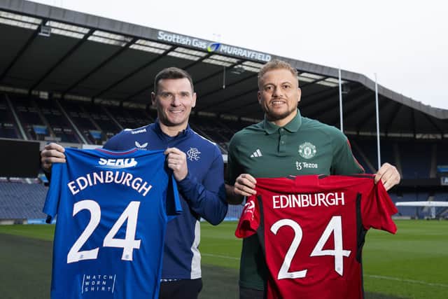 Wes Brown and Lee McCulloch announce that Manchester United will host Rangers at Scottish Gas Murrayfield this summer. (Photo by Paul Devlin / SNS Group)