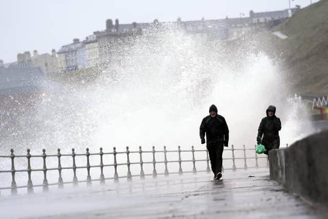 Big waves hit the sea wall at Whitby Yorkshire, before Storm Dudley hit the north of England/southern Scotland on Wednesday night, to be closely followed by Storm Eunice, which will bring strong winds and the possibility of snow on Friday. Photo: Danny Lawson/PA Wire