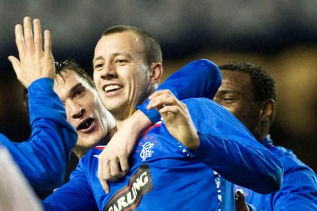 Alan Hutton celebrates scoring for Rangers in a 6-0 Scottish Cup win over East Stirlingshire at Ibrox on January 23, 2008. The following week, he was sold to Tottenham Hotspur for a club record fee of £9 million. (Photo by Bill Murray/SNS Group).