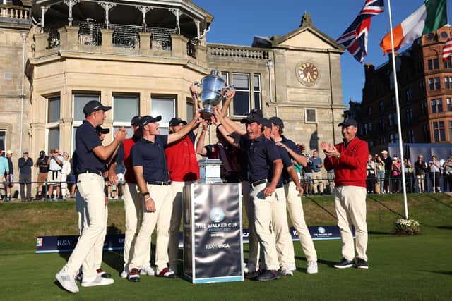 The United States team celebrate victory in the 49th Walker Cup at St Andrews. Picture: Ross Parker/R&A/R&A via Getty Images.
