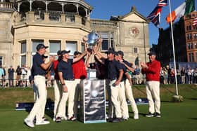 The United States team celebrate victory in the 49th Walker Cup at St Andrews. Picture: Ross Parker/R&A/R&A via Getty Images.