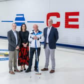 (L to R): Andy Hepburn, chief operating officer, GoFibre; Ailsa Young, investment director of innovation, Scottish National Investment Bank; Mike Ferguson, managing director, Forfar Indoor Sports; Neil Conaghan, chief executive, GoFibre. Picture by Michal Wachucik/Abermedia