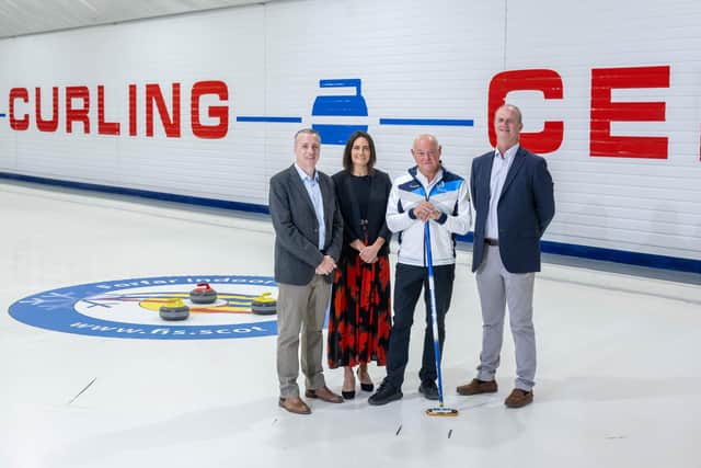 (L to R): Andy Hepburn, chief operating officer, GoFibre; Ailsa Young, investment director of innovation, Scottish National Investment Bank; Mike Ferguson, managing director, Forfar Indoor Sports; Neil Conaghan, chief executive, GoFibre. Picture by Michal Wachucik/Abermedia