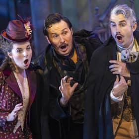 Simone McIntosh (Rosina), Samuel Dale Johnson (Figaro) and Anthony Gregory (Count Almaviva) in The Barber of Seville (Picture: James Glossop)