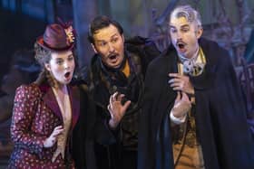 Simone McIntosh (Rosina), Samuel Dale Johnson (Figaro) and Anthony Gregory (Count Almaviva) in The Barber of Seville (Picture: James Glossop)