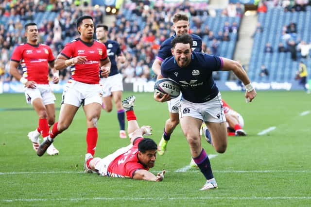 Scotland debutant Rufus McLean powers over for his second try against Tonga. (Photo by Craig Williamson / SNS Group)