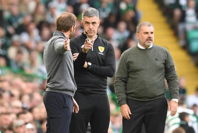 Robbie Neilson remonstrates with fourth official Greg Aitken on an afternoon he felt referee Kevin Clancy undermined his team's hope of taking something from Celtic Park with two late red cards. (Photo by Craig Foy / SNS Group)