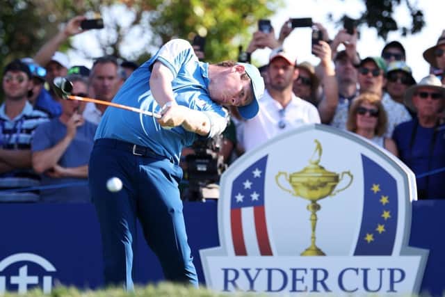 Bob MacIntyre  tees off on the 12th hole at Marco Simone Golf & Country Club in Rome. Picture: Richard Heathcote/Getty Images.