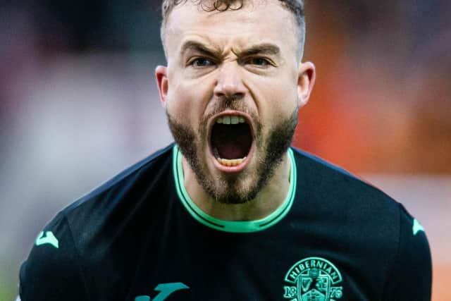 MOTHERWELL, SCOTLAND - JANUARY 08: Hibernian's Ryan Porteous celebrates at full time during a cinch Premiership match between Motherwell and Hibs at Fir Park, on January 08, 2023, in Motherwell, Scotland. (Photo by Mark Scates / SNS Group)