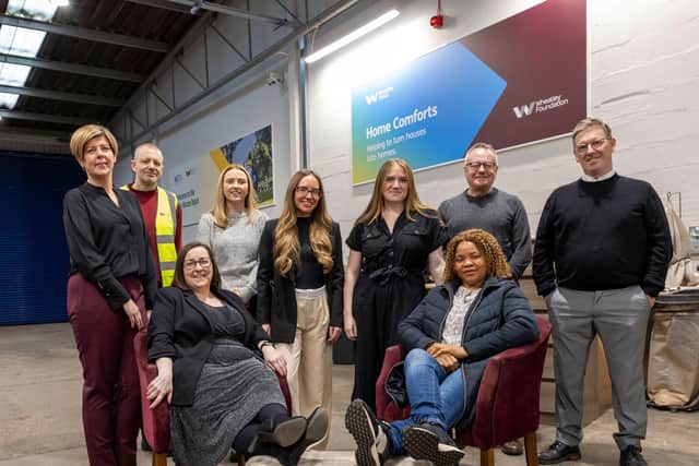 (L-R) Lynne Mitchell, Director of Wheatley Foundation, Derek Tibbs, Home Comforts Team Leader, Laura Pluck, Group Director of Communities, Emma Shearer, WHG Housing Officer, Laura Young, Less Waste Laura climate influencer, Maria Evbayro, Wheatley Homes Glasgow tenant, Professor Paddy Gray OBE, Chair of Wheatley Foundation, Stephen Geddes, Environmental Support Manager