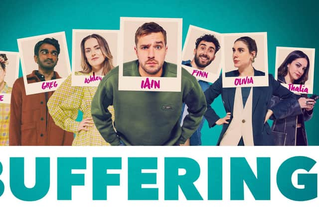 Buffering: SR2 on ITV2 and ITVX. Pictured: Rosie [Jessie Cave], Greg [Paul G Raymond], Ashley [Rosa Robson], Iain [Iain Stirling], Finn [Steve Bujega], Olivia [Elena Saurel] and Thalia [Janine Harouni]. Pic: Avalon