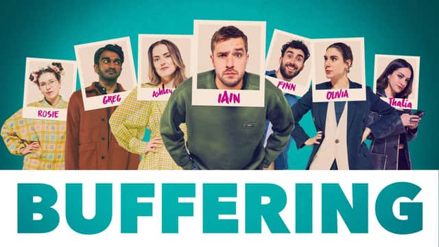 Buffering: SR2 on ITV2 and ITVX. Pictured: Rosie [Jessie Cave], Greg [Paul G Raymond], Ashley [Rosa Robson], Iain [Iain Stirling], Finn [Steve Bujega], Olivia [Elena Saurel] and Thalia [Janine Harouni]. Pic: Avalon