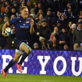 Edinburgh winger and man-of-the-match Duhan van der Merwe races in for his second half try.  (Photo: David Gibson/Fotosport/Shutterstock)