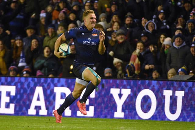 Edinburgh winger and man-of-the-match Duhan van der Merwe races in for his second half try.  (Photo: David Gibson/Fotosport/Shutterstock)