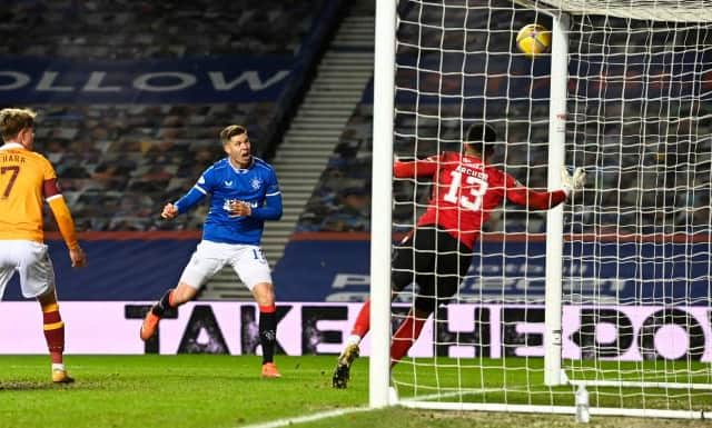 Cedric Itten scores in Rangers' 3-1 win over Motherwell at Ibrox in December - the Swiss striker has grabbed three goals in two appearances against the Fir Park club this season. (Photo by Rob Casey / SNS Group)