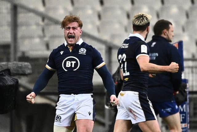Stuart Hogg roars with delight after Duhan van der Merwe's late try gave Scotland a Six Nations win in Paris in 2021.