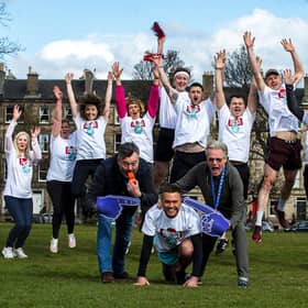 Star of the King’s Panto Jordan Young, with the help of his unofficial coaches Grant Stott and Allan Stewart and fellow runners  launch Capital Theatres’ latest fundraising initiative for the King’s