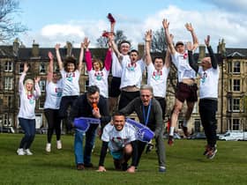 Star of the King’s Panto Jordan Young, with the help of his unofficial coaches Grant Stott and Allan Stewart and fellow runners  launch Capital Theatres’ latest fundraising initiative for the King’s