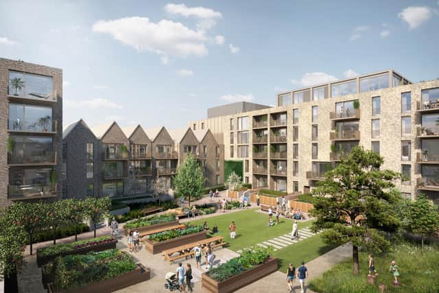 A computer-generated image of the communal space at Rowanbank Gardens