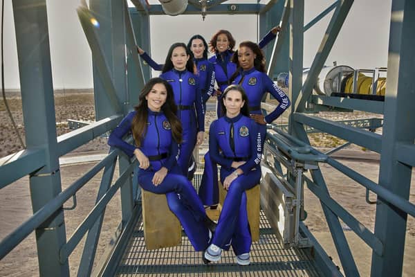 The crew of the New Shepard NS31 mission; front, from left: Lauren Sanchez and Kerianne Flynn and standing in back from left: Amanda Nguyen, Katy Perry, Gayle King and Aisha Bowe in West Texas (PIcture: Blue Origin via AP)