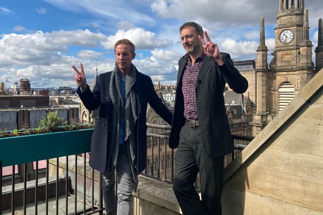 Reclaim Party leader Laurence Fox and  the party's Glasgow candidate Leo Kearse on the roof terrace of the Carlton George Hotel in Glasgow for a campaign visit to Scotland on April 29 (Photo: Hannah Brown).