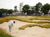 Matt Fitzpatrick plays his second shot from a fairway bunker at the 18th hole in the final round of the 122nd US Open. Picture: Jared C. Tilton/Getty Images.
