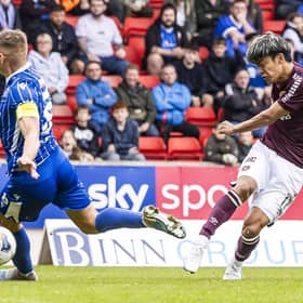Yutaro Oda lashes home the opening goal for Hearts against St Johnstone.