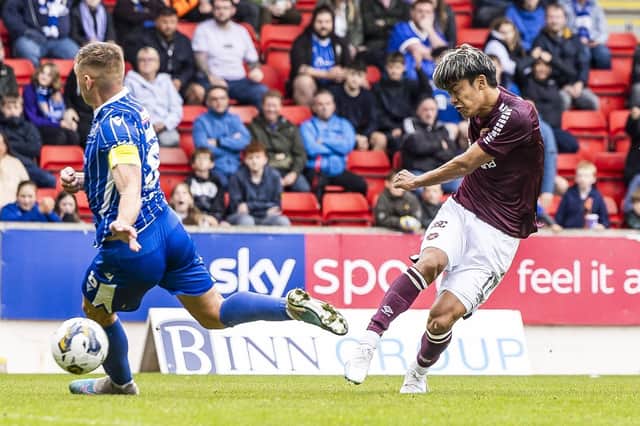 Yutaro Oda lashes home the opening goal for Hearts against St Johnstone.