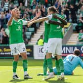 Dylan Vente celebrates with his Hibs team-mates after scoring off the bench against Raith Rovers. (Photo by Ross Parker / SNS Group)