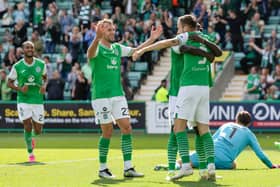 Dylan Vente celebrates with his Hibs team-mates after scoring off the bench against Raith Rovers. (Photo by Ross Parker / SNS Group)