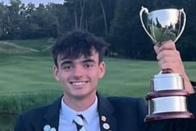 Bruntsfield Links teenager Aidan Lawson shows off the trophy after winning the European Young Masters in Slovakia.