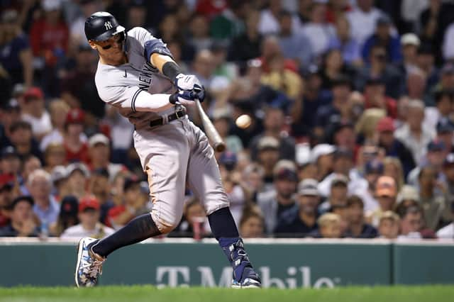 Aaron Judge, of the New York Yankees, hits a home run, or 'homer', against the Boston Red Sox (Picture: Maddie Meyer/Getty Images)