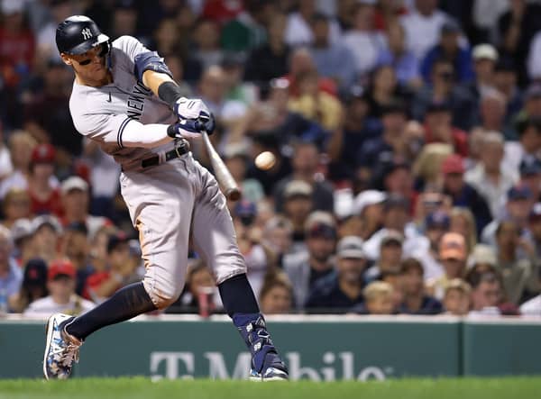 Aaron Judge, of the New York Yankees, hits a home run, or 'homer', against the Boston Red Sox (Picture: Maddie Meyer/Getty Images)