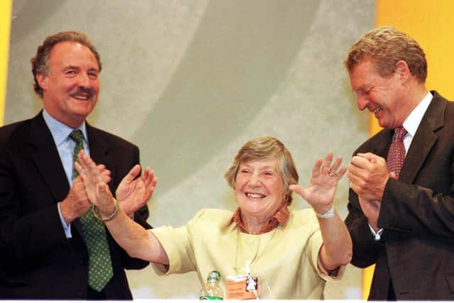 Paddy Ashdown (right) and Lord Holme congratulating Shirley Williams on her speech at the Liberal Democrats Conference in Brighton.