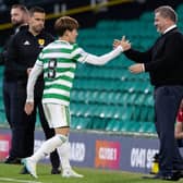 Ange Postecoglou congratulates  Kyogo Furuhashi  after withdrawing the  striker to standing ovation following his hat-trick in the club's 6-0 thumping of Dundee.  (Photo by Craig Williamson / SNS Group)