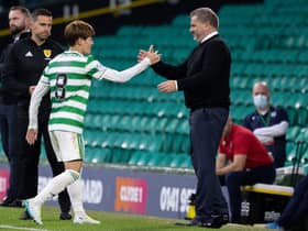 Ange Postecoglou congratulates  Kyogo Furuhashi  after withdrawing the  striker to standing ovation following his hat-trick in the club's 6-0 thumping of Dundee.  (Photo by Craig Williamson / SNS Group)