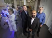 From left: John McNicol of Kelvin Capital with PFP's CEO Jaymin Amin and board director Ian Fotheringham at the biotech firm's offices in Roslin. Picture: contributed.
