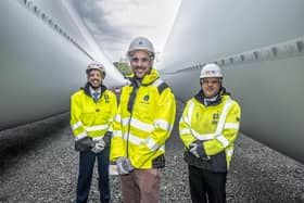 From left: Councillor John Alexander; Adam Ezzamel, project director of Inch Cape Offshore; and David Webster of Forth Ports at the Port of Dundee’s offshore Renewables Hub. Picture: Peter Devlin.