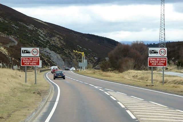 50mph lorry speed limit signs on the A9 at Slochd in 2017. The red trial boards have subsequently been removed. Picture: David Dixon/Creative Commons/Geograph