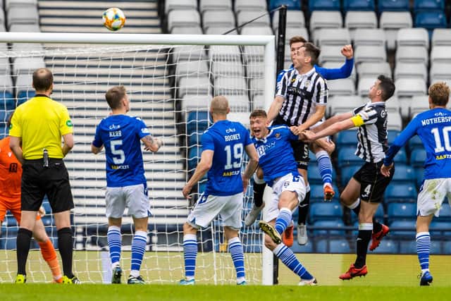 St Mirren's Conor McCarthy heads home to make it 2-1 in his team's Scottish Cup semi-final loss to St Johnstone - a defeat he says has made them the "nearly men" this season.(Photo by Alan Harvey / SNS Group)