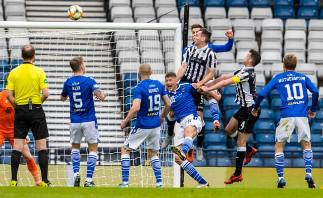 St Mirren's Conor McCarthy heads home to make it 2-1  in his team's Scottish Cup semi-final loss to St Johnstone - a defeat he says has made them the "nearly men" this season.(Photo by Alan Harvey / SNS Group)