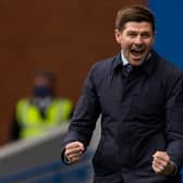 Rangers Manager Steven Gerrard celebrates Rangers going 4-1 ahead during a Scottish Premiership match between Rangers and Celtic at Ibrox Park, on May 2. (Photo by Craig Williamson / SNS Group)