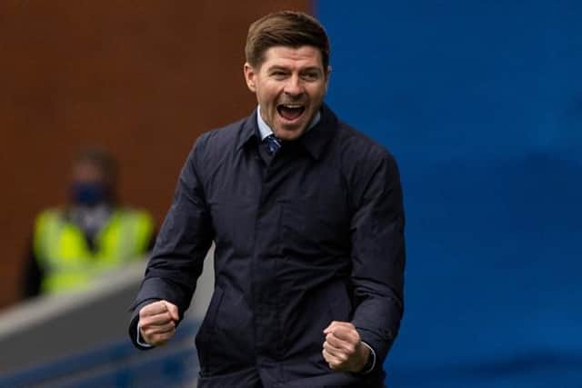 Rangers Manager Steven Gerrard celebrates Rangers going 4-1 ahead during a Scottish Premiership match between Rangers and Celtic at Ibrox Park, on May 2. (Photo by Craig Williamson / SNS Group)